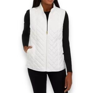 Women's Sz Small White Zip Up Quilted Ribbed Vest w/Snap Pockets & Ribbed Sides
